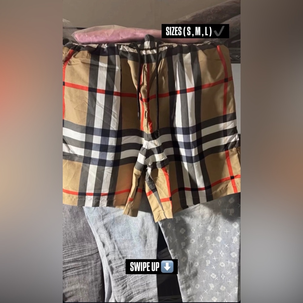 Burberry Tan and Red Plaid Athletic Shorts